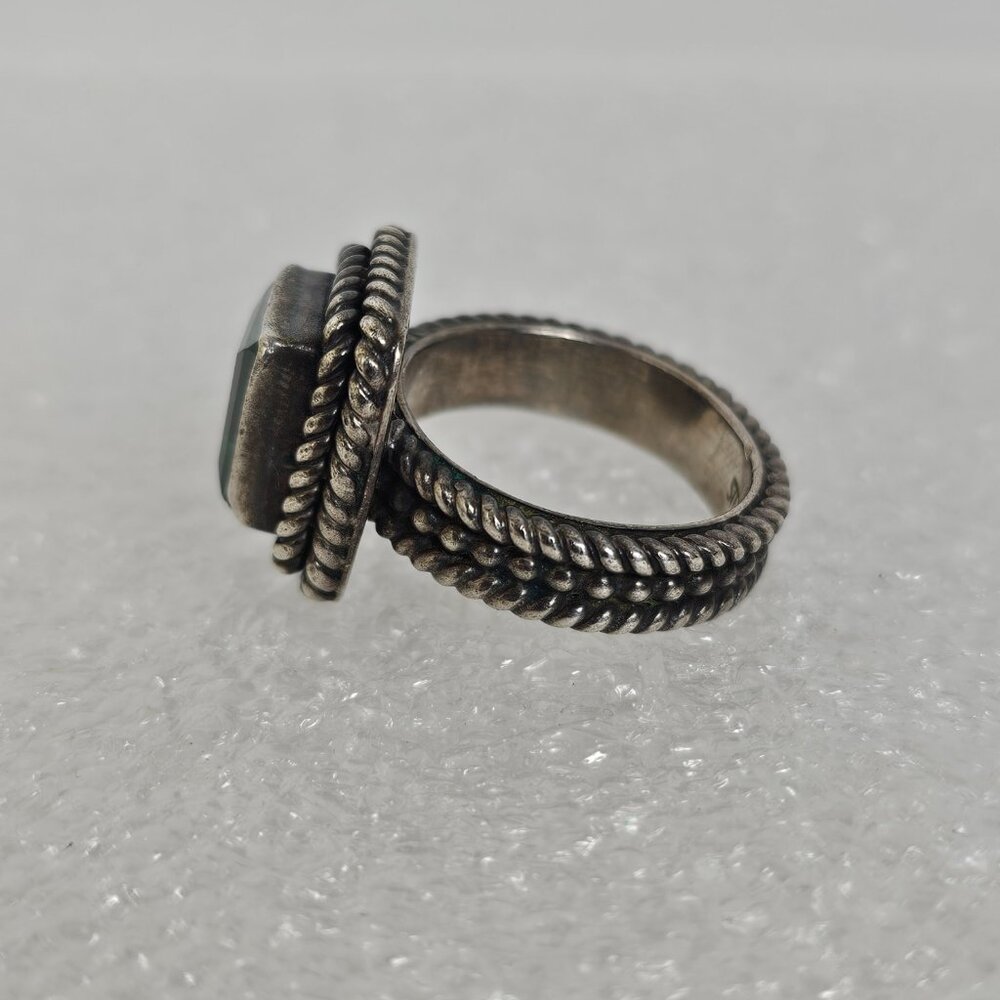 Vtg Sterling Silver Green Quartz Ring Size 7 Square Textured Rope Band Chunky - Picture 6 of 16